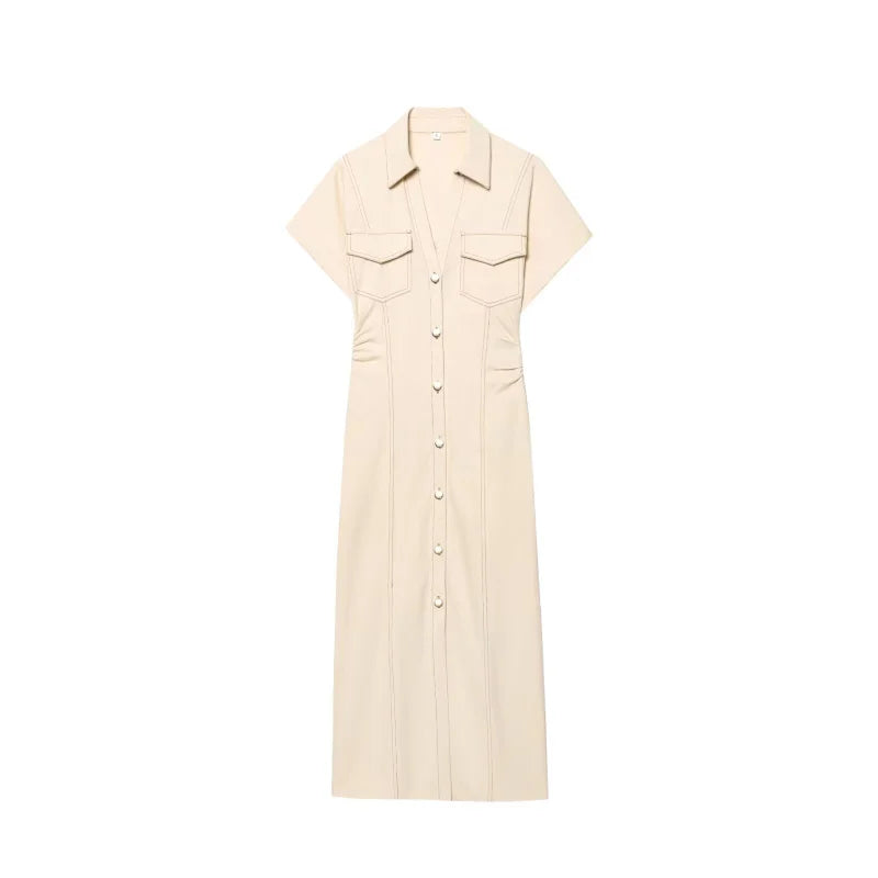 The Evette Ruched Denim Midi in Beige