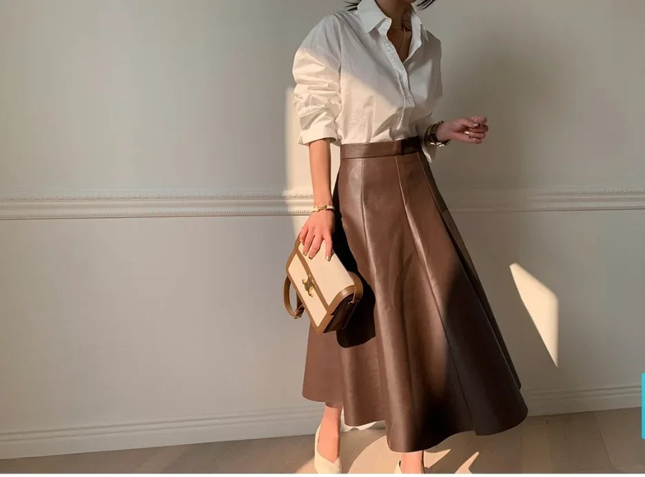The Liora Leather– Clean Pleated Leather A-Line Skirt