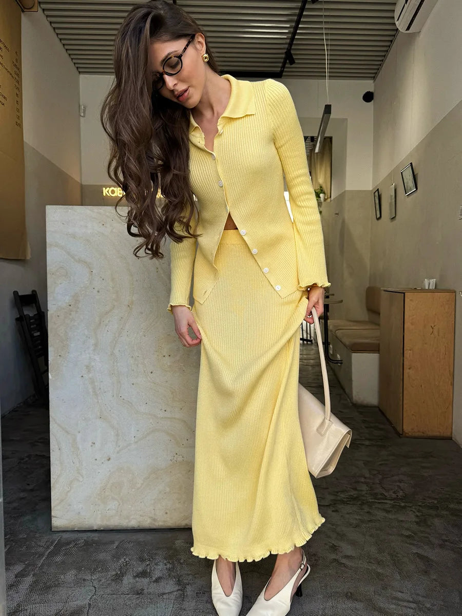 The Evelaine Set- Knitted Polo Cardigan & Slim Maxi