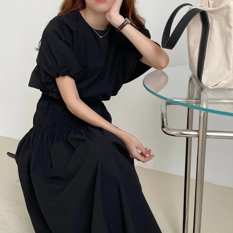 Romantic Two-Piece Puff-Sleeve Crop & Long A-Line Skirt Duo
