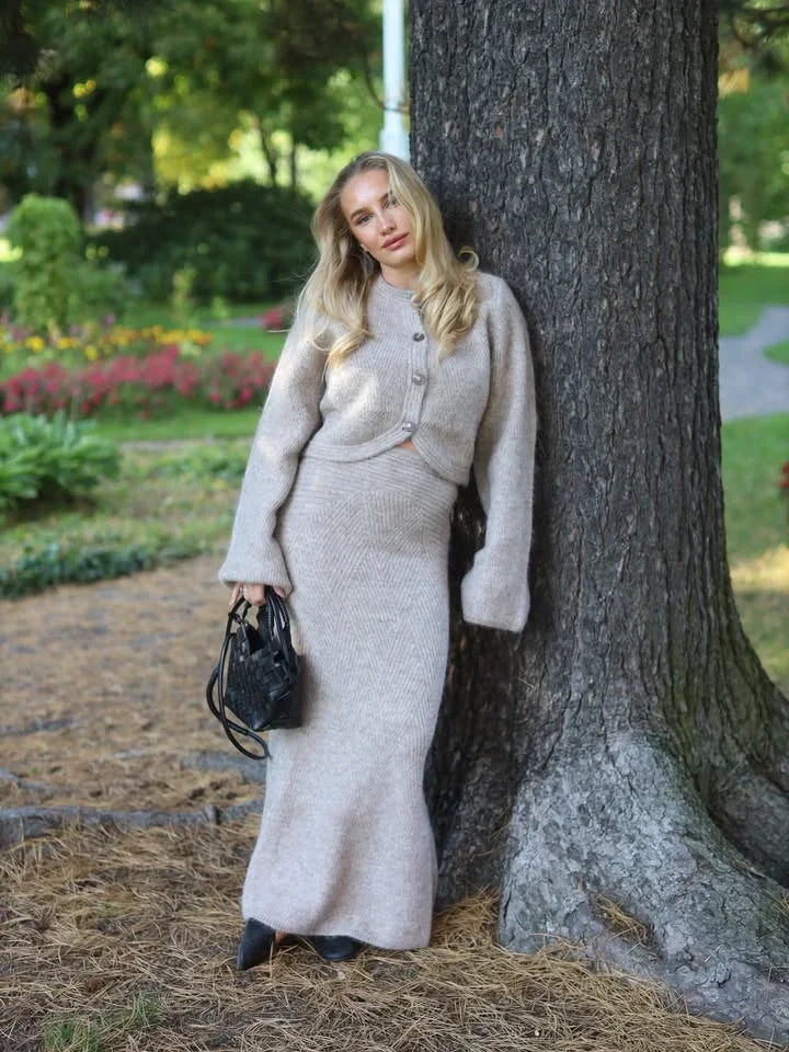 The Evanya Knit Set – Round Neck Cardigan and Skirt Co-ord
