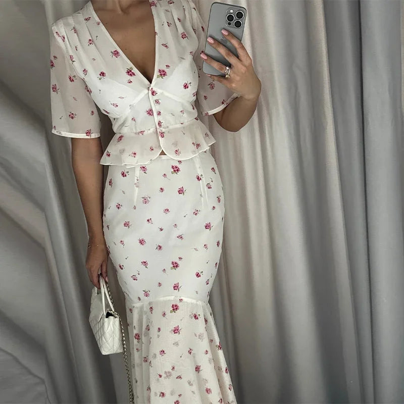 The Oriane Set – Ruffled Shirt & Long Mermaid Skirt
