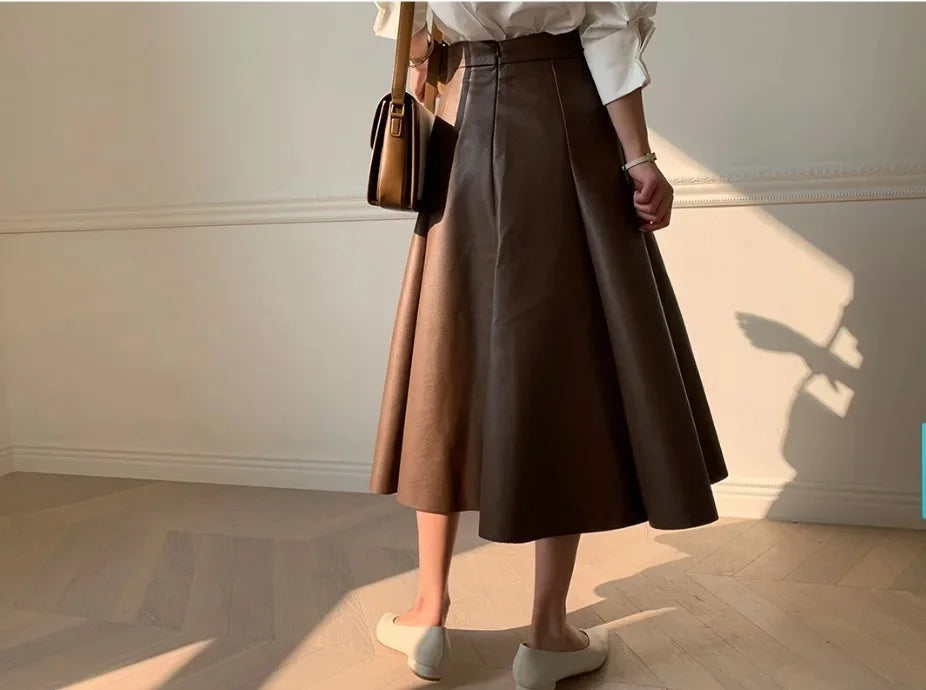 The Liora Leather– Clean Pleated Leather A-Line Skirt