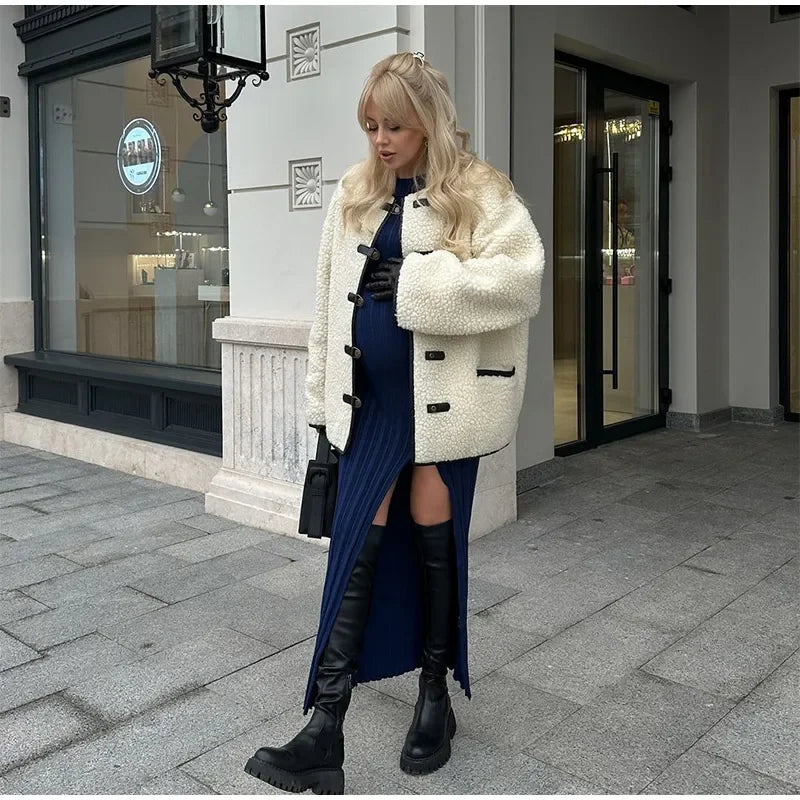Cozy Contrast Wool Blend Coat