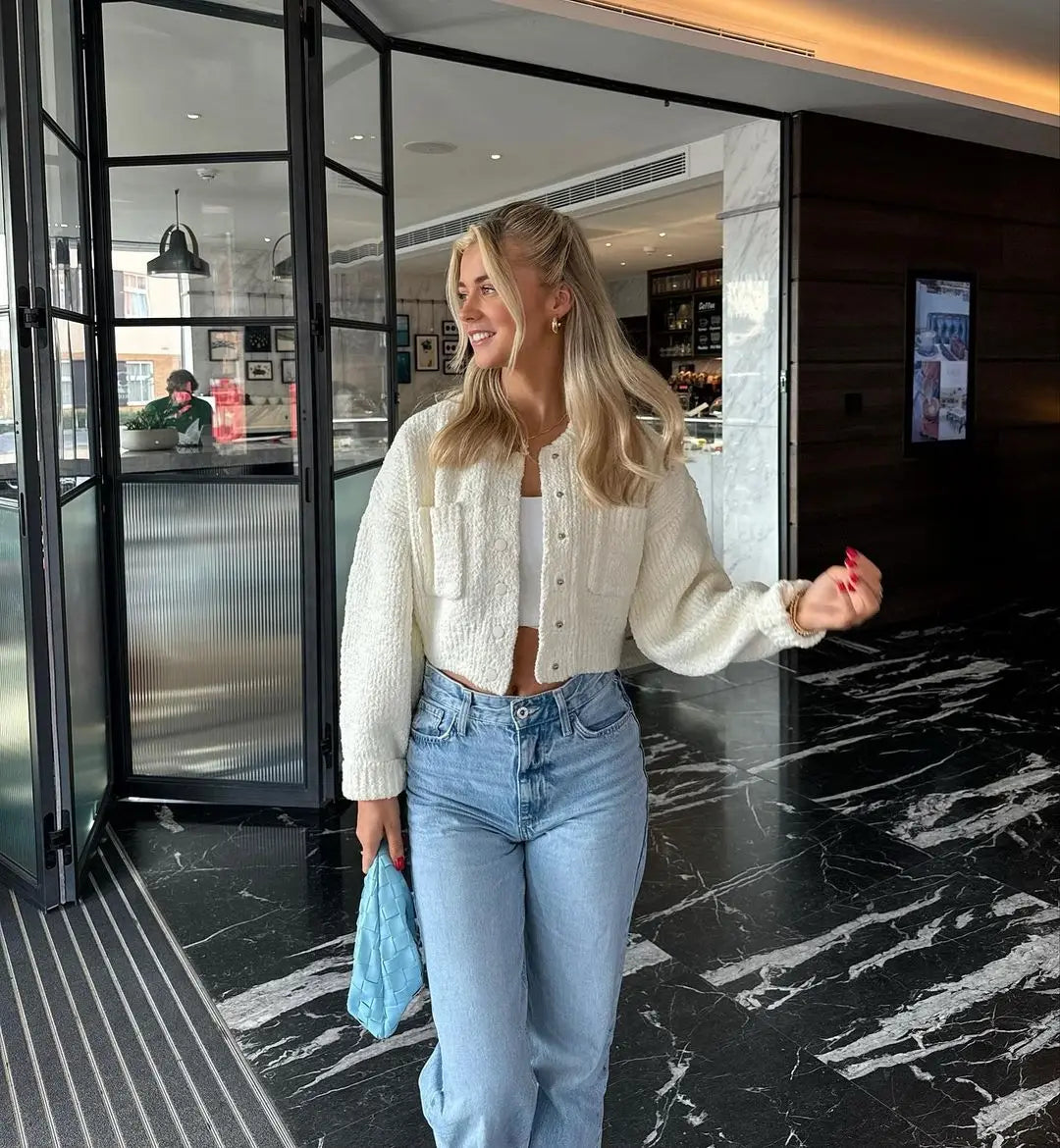 The Rhiannon Button-Up Cardigan – Quilted Knit Cardigan in Elegant Winter Ivory