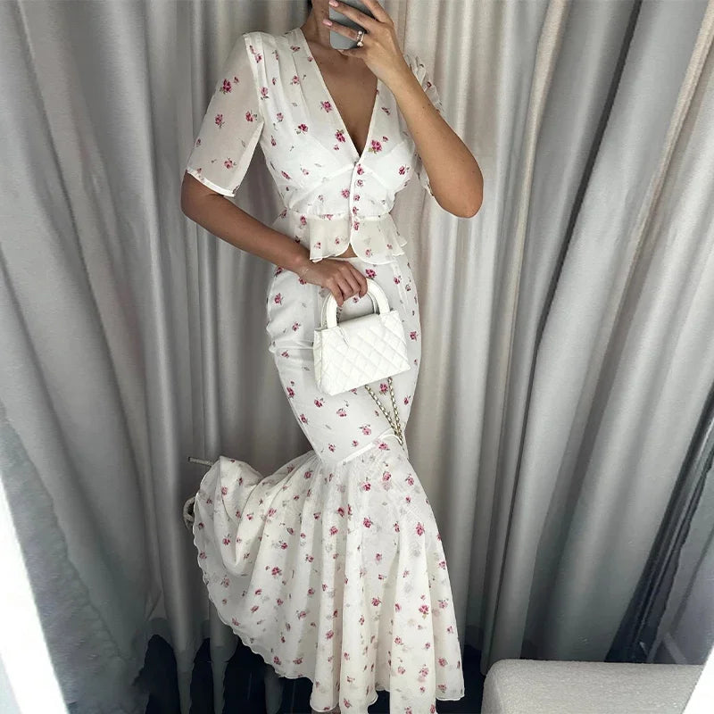 The Oriane Set – Ruffled Shirt & Long Mermaid Skirt