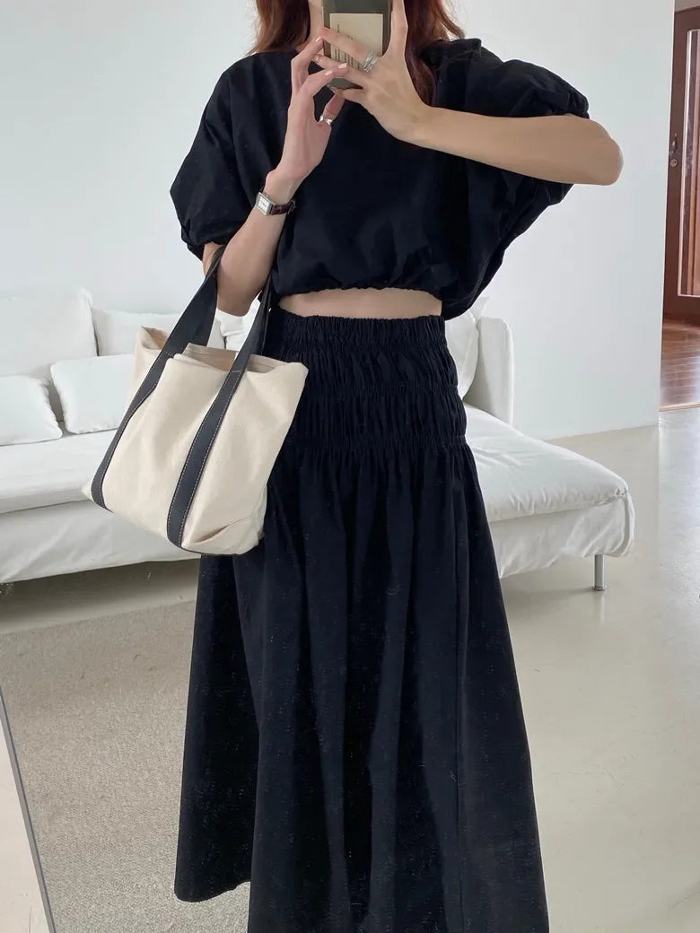 Romantic Two-Piece Puff-Sleeve Crop & Long A-Line Skirt Duo