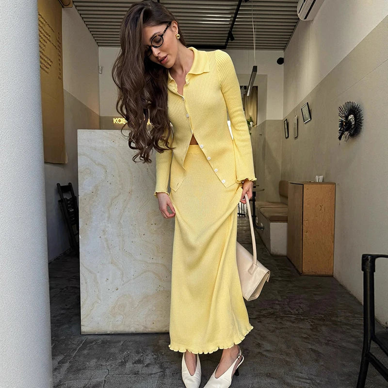 The Evelaine Set- Knitted Polo Cardigan & Slim Maxi