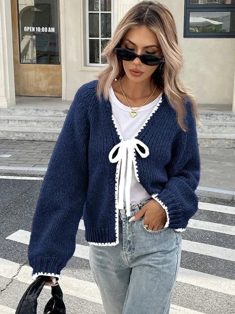 The Adélise Cardigan – Bow-Tied V-Neck Knit