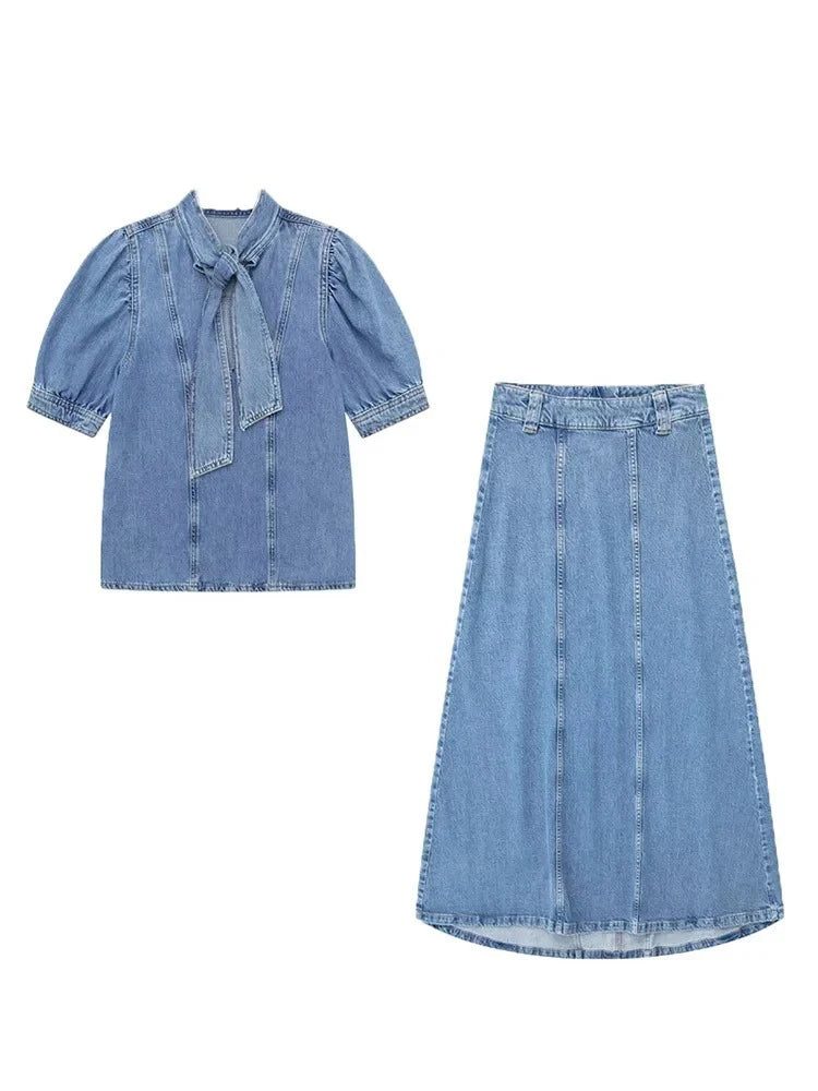 The Amelot Set – Bow-Tie Denim Shirt & Halter Skirt Co-Ord