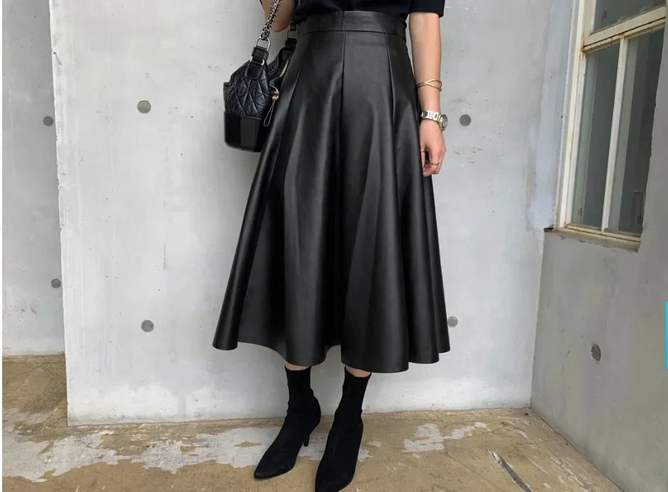 The Liora Leather– Clean Pleated Leather A-Line Skirt