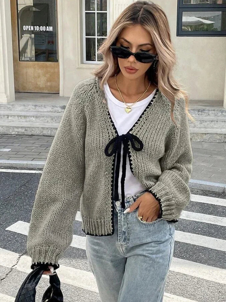 The Adélise Cardigan – Bow-Tied V-Neck Knit