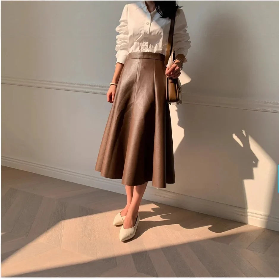 The Liora Leather– Clean Pleated Leather A-Line Skirt