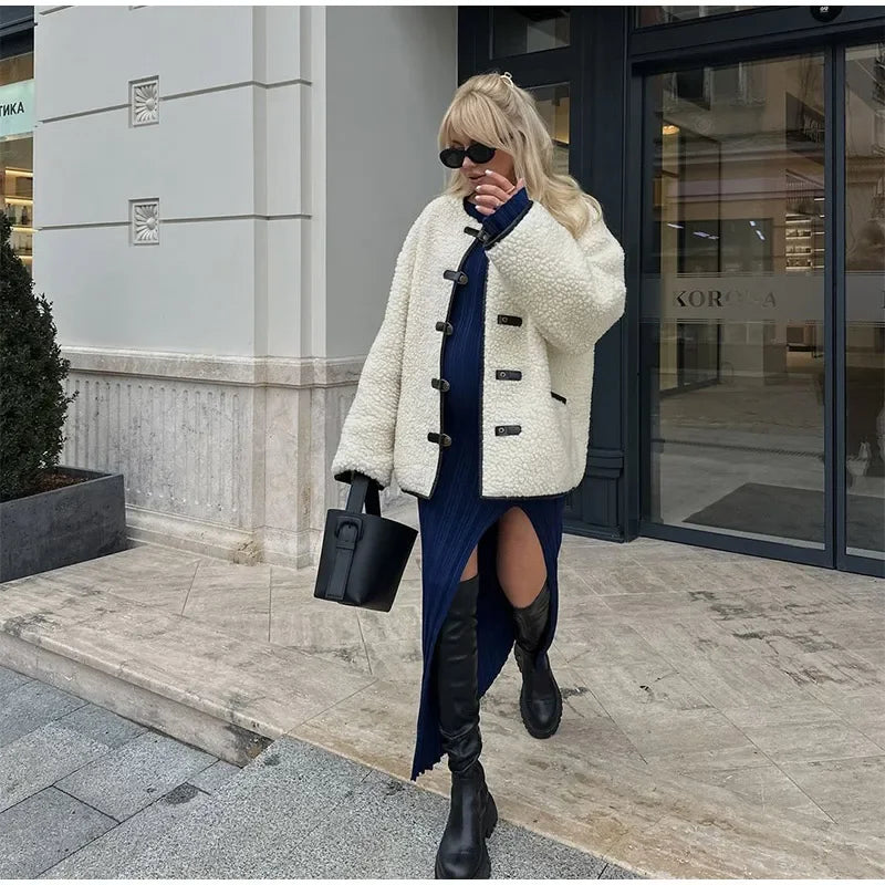 Cozy Contrast Wool Blend Coat