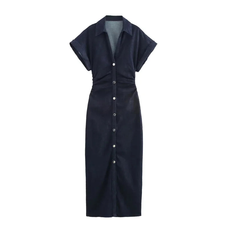 The Evette Ruched Denim Midi in Navy