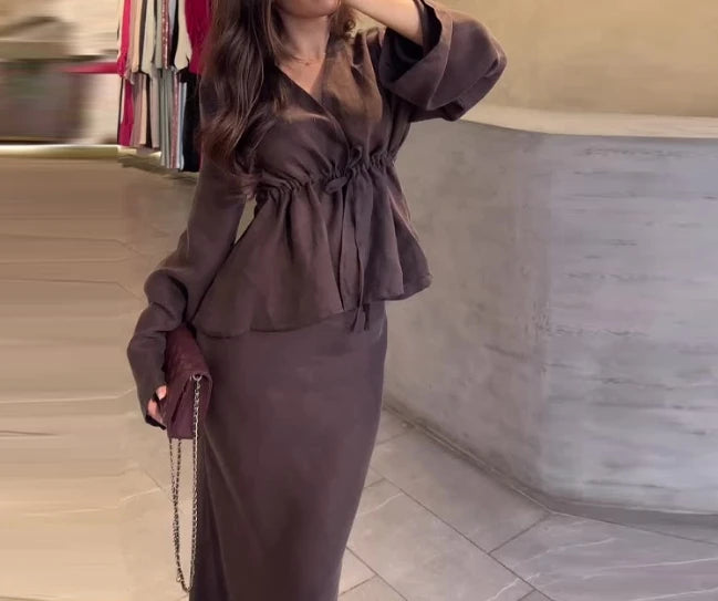 The Leontine Drawstring Blouse with Flowy Maxi Skirt Ensemble