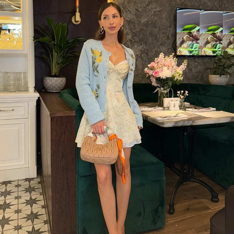 The Florabelle Cardigan – Soft Blue Embroidered Knit