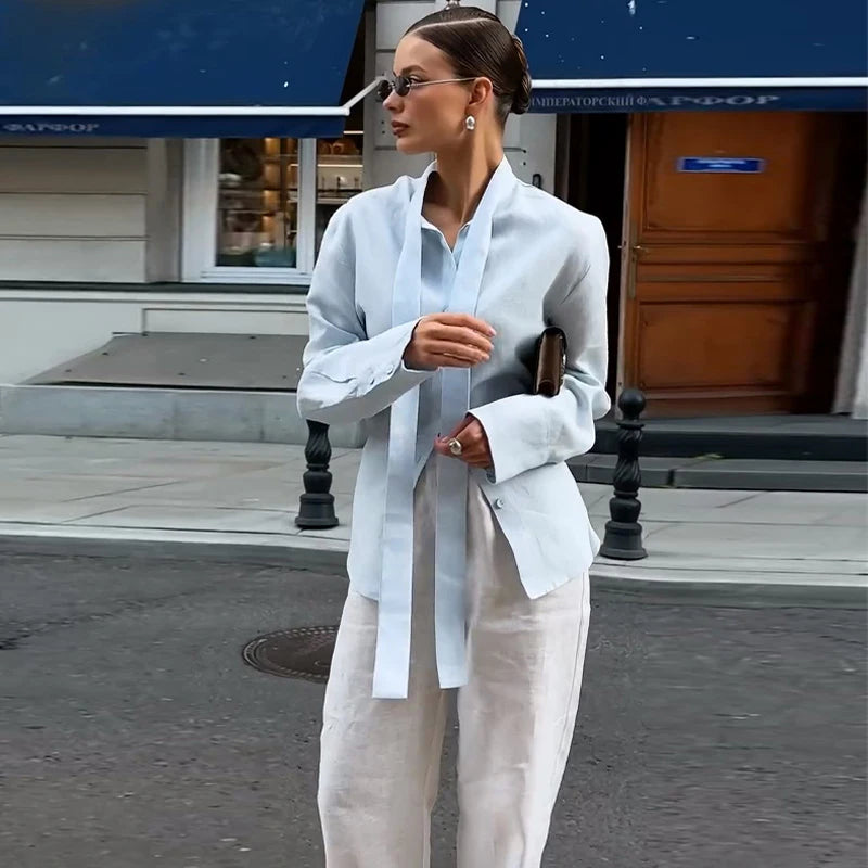 The Sabine Perspective Lace-Tie Blouse