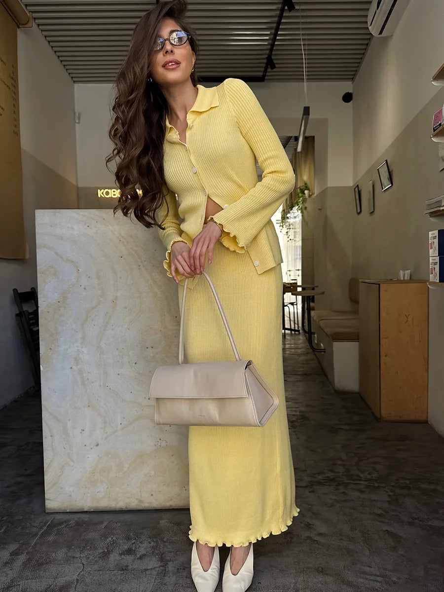 The Evelaine Set- Knitted Polo Cardigan & Slim Maxi