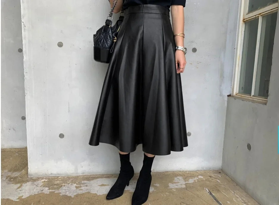 The Liora Leather– Clean Pleated Leather A-Line Skirt