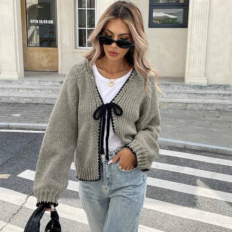 The Adélise Cardigan – Bow-Tied V-Neck Knit