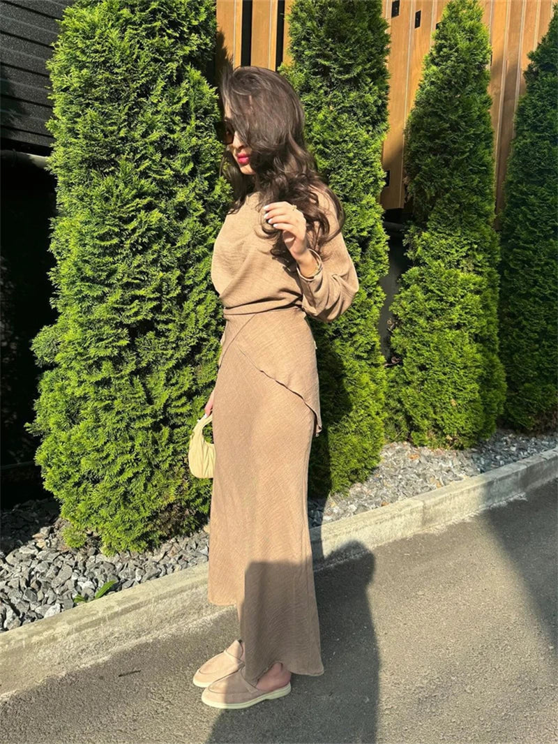 Camel-Toned Modest Set with Draped Silhouette and Flowing Ease