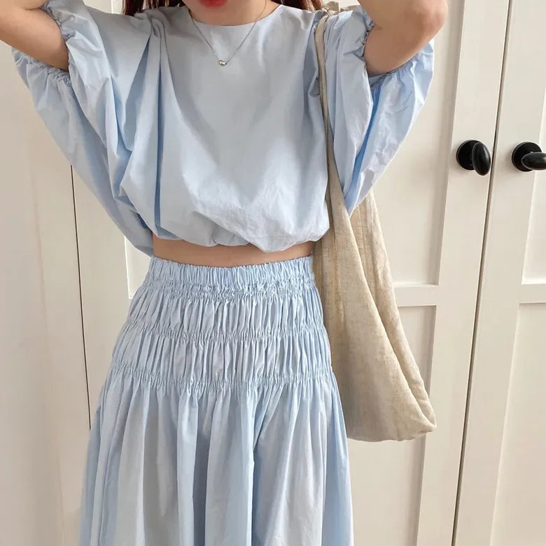 Romantic Two-Piece Puff-Sleeve Crop & Long A-Line Skirt Duo