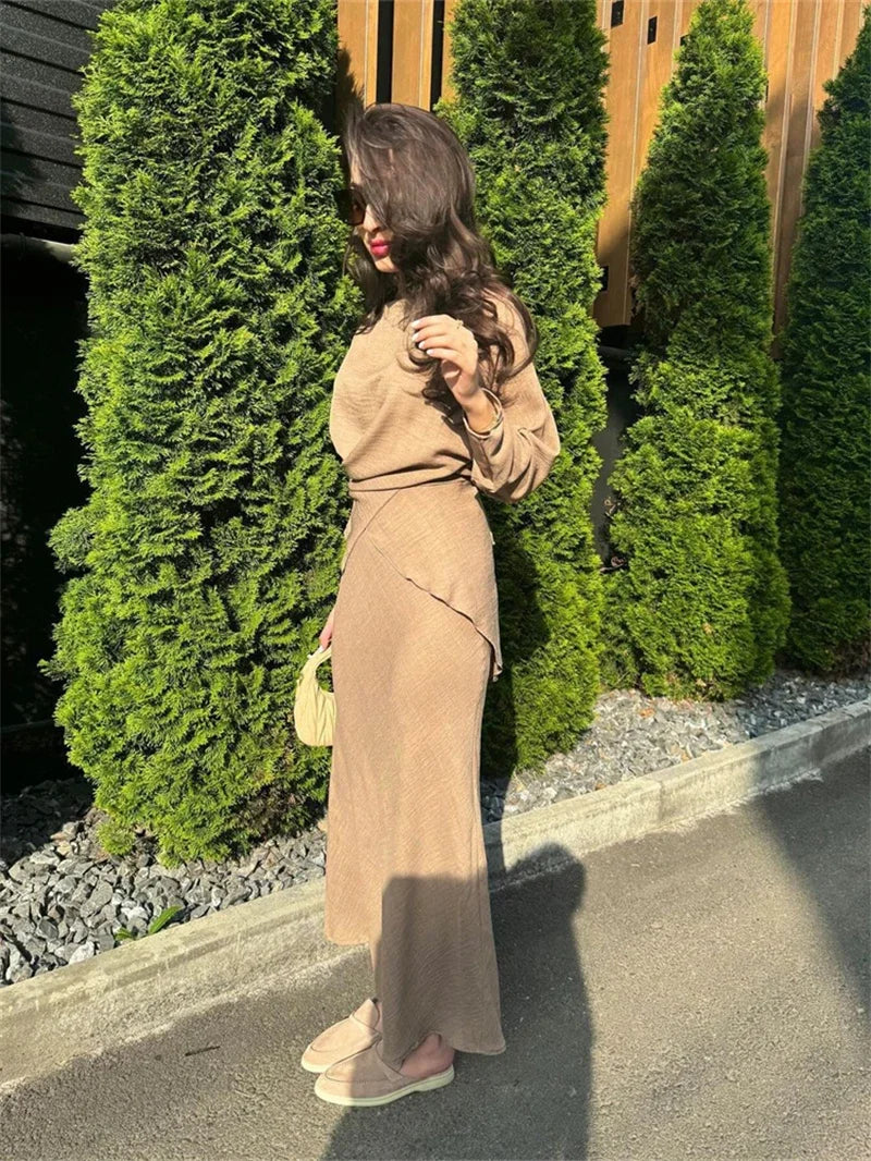 Camel-Toned Modest Set with Draped Silhouette and Flowing Ease