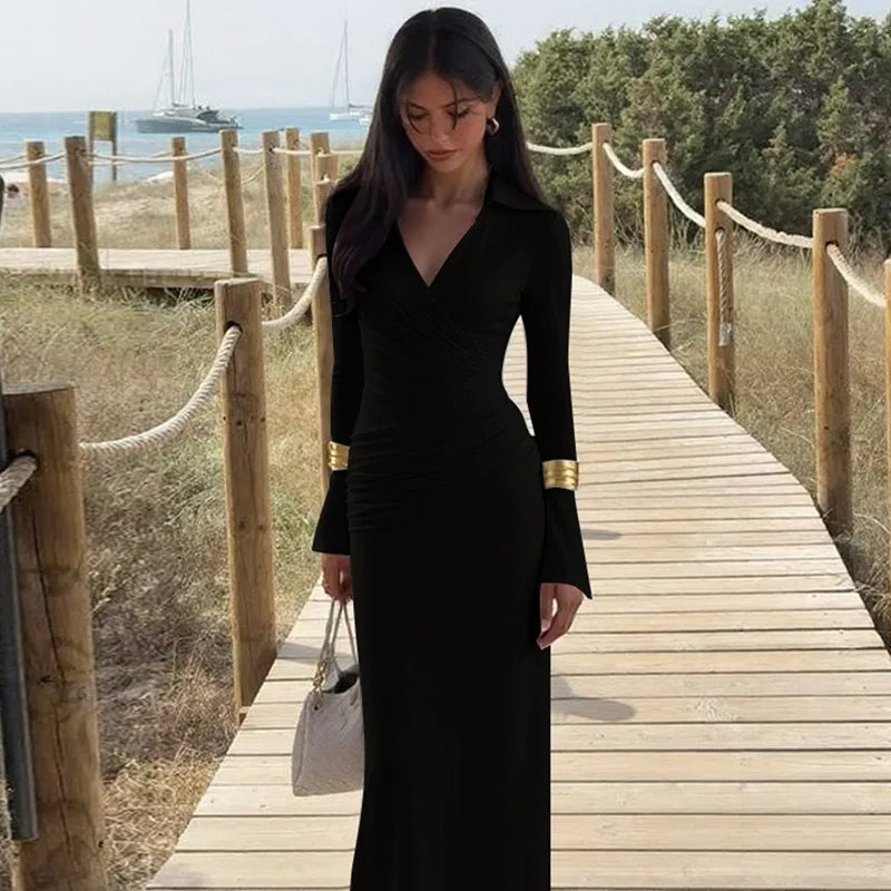 The Valora Dress — Polo Collar Ruched Maxi