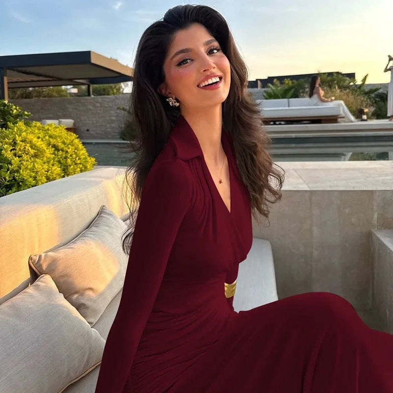 The Valora Dress — Polo Collar Ruched Maxi