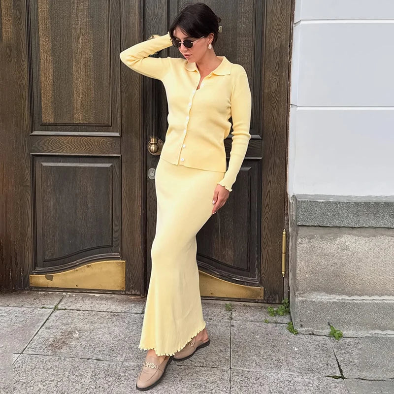 The Evelaine Set- Knitted Polo Cardigan & Slim Maxi