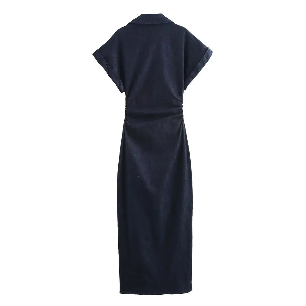 The Evette Ruched Denim Midi in Navy