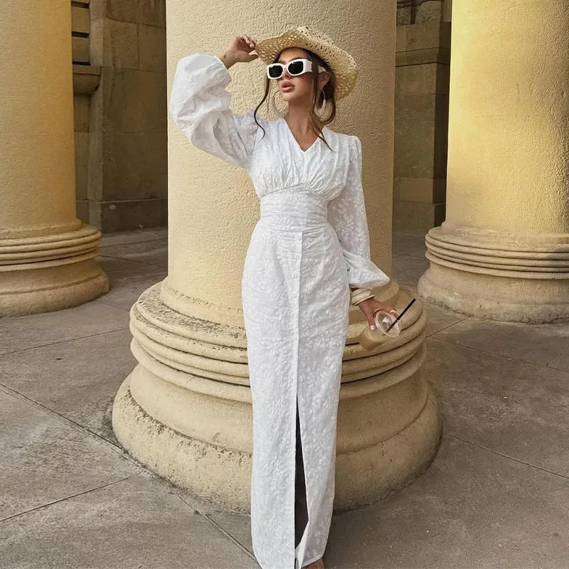 Vintage-Inspired Puff Sleeve V-Neck Maxi