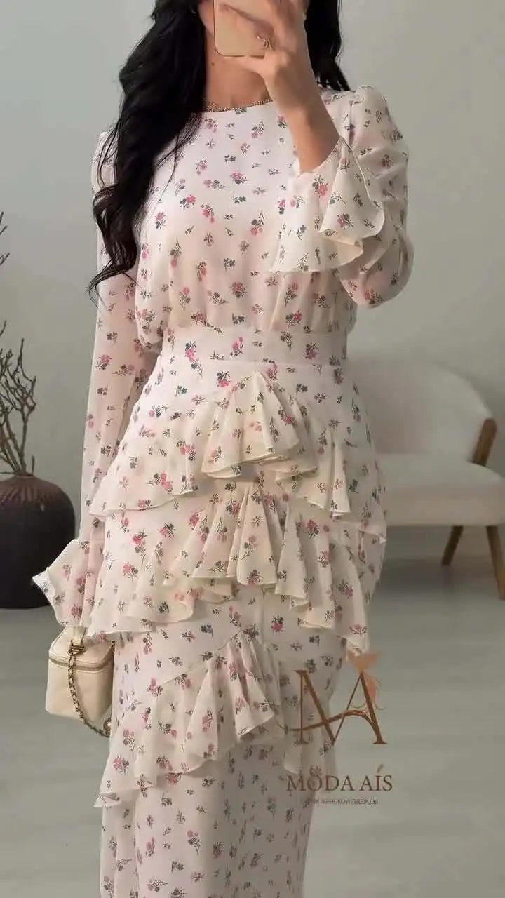 Delance Dress – Tiered Ruffle with Blooming Pink Florals