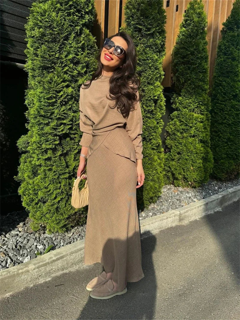 Camel-Toned Modest Set with Draped Silhouette and Flowing Ease