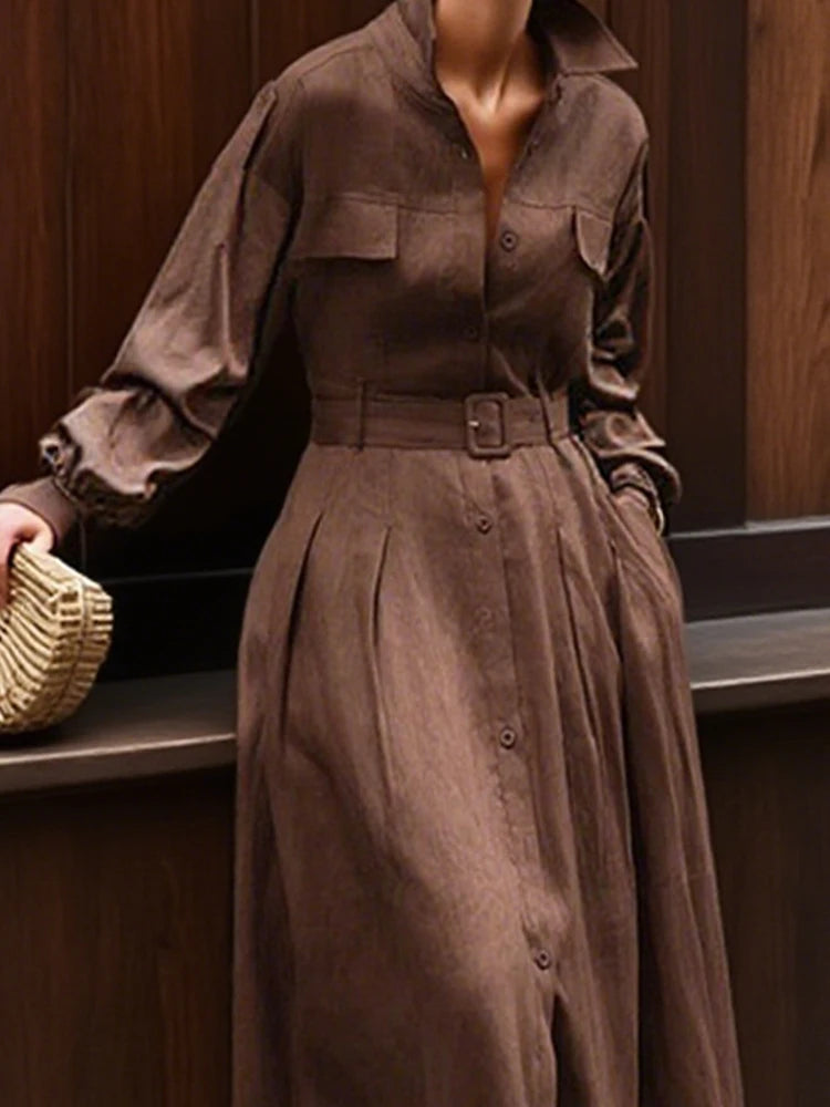 Rodica Trench Dress – Brown Lapel Maxi
