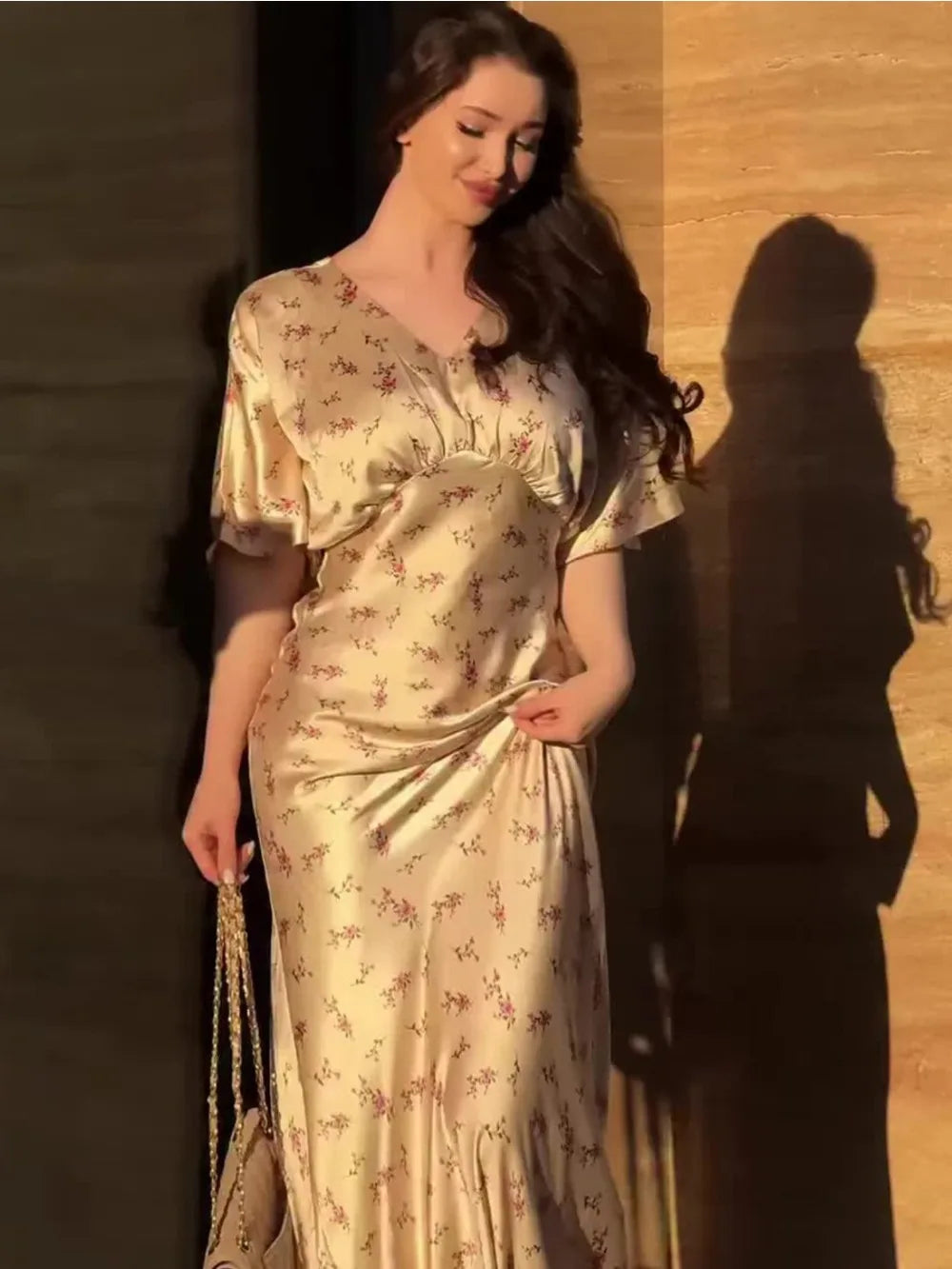 The Altheira Dress- Short-Sleeve Satin Robe in Sunset and Midnight Tones