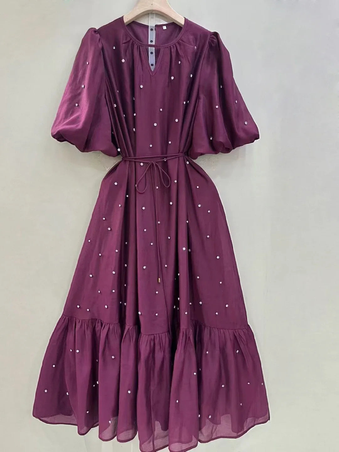The Fiorenne Dress – Subtle Sparkle Midi with Puff Sleeves & Graceful Pleats