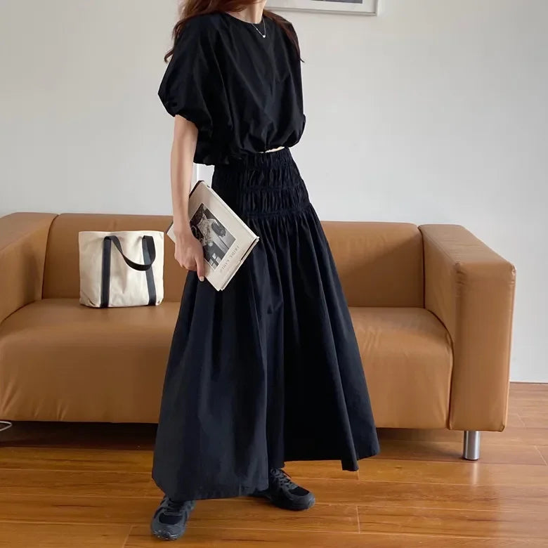 Romantic Two-Piece Puff-Sleeve Crop & Long A-Line Skirt Duo