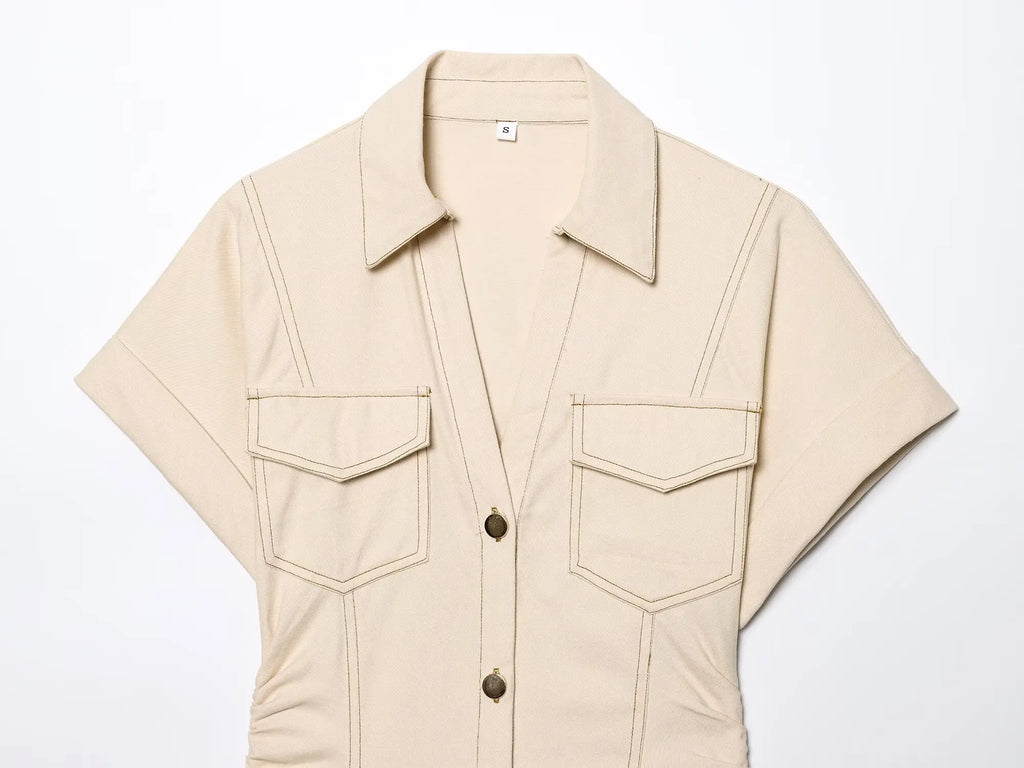 The Evette Ruched Denim Midi in Beige