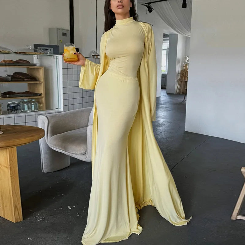 The Aureline Set –Cardiagan, Turtleneck and Skirt Trio in Autumn Blend