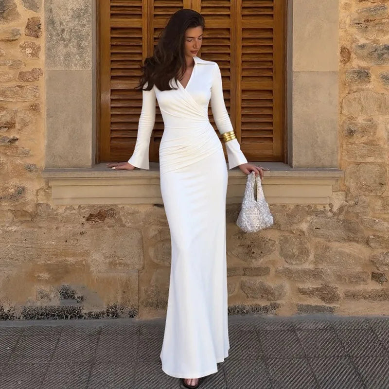 The Valora Dress — Polo Collar Ruched Maxi