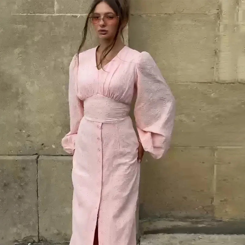 Vintage-Inspired Puff Sleeve V-Neck Maxi