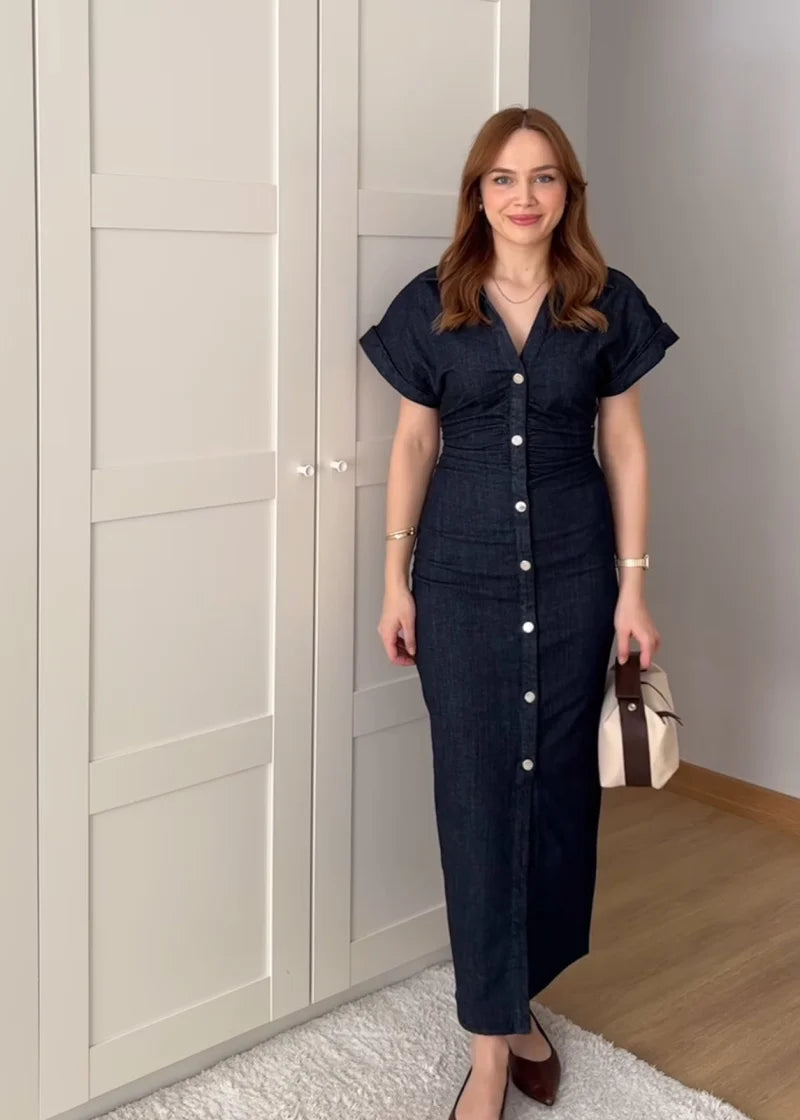 The Evette Ruched Denim Midi in Navy