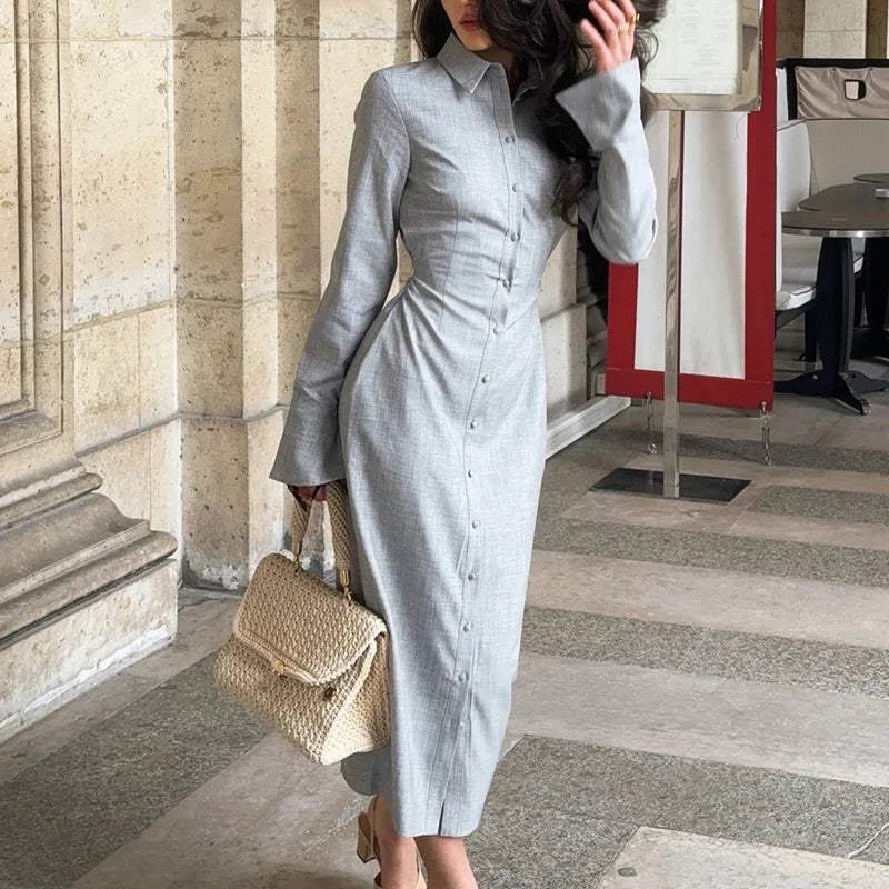 Button-Down Shirt Maxi with Lace-Up Back & Sculpted Waist