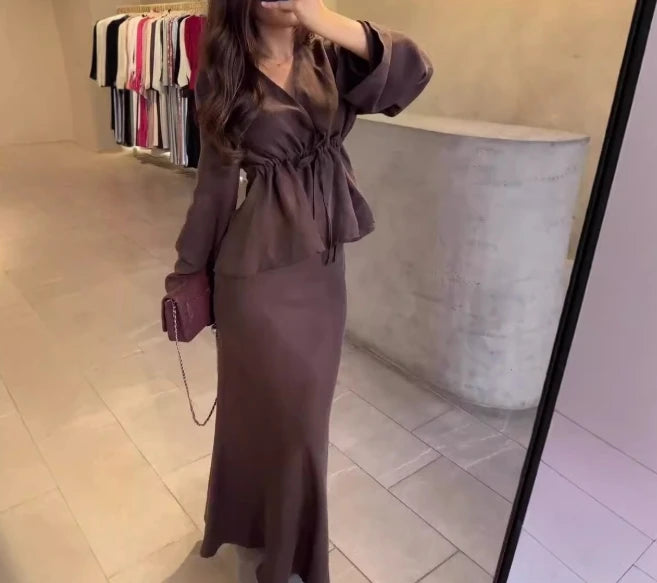 The Leontine Drawstring Blouse with Flowy Maxi Skirt Ensemble