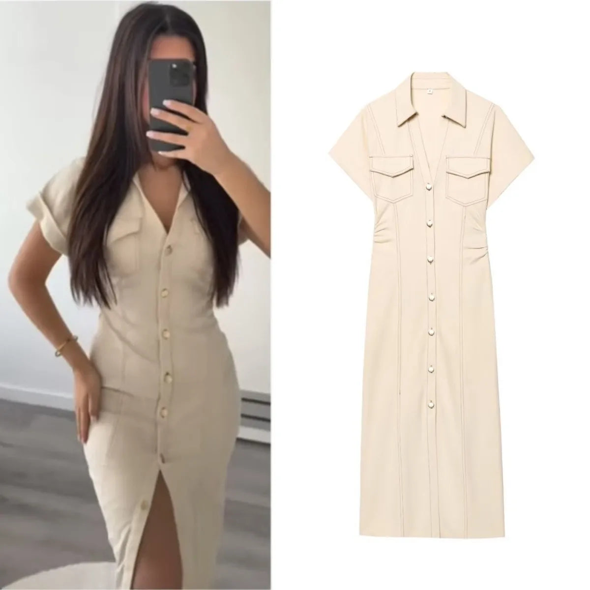 The Evette Ruched Denim Midi in Beige
