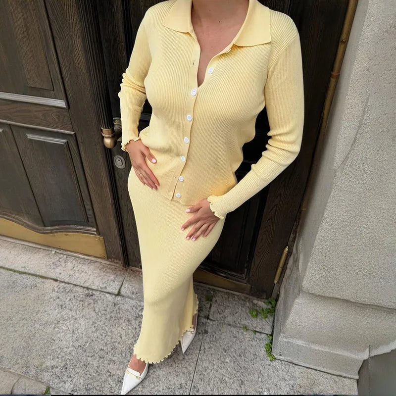 The Evelaine Set- Knitted Polo Cardigan & Slim Maxi