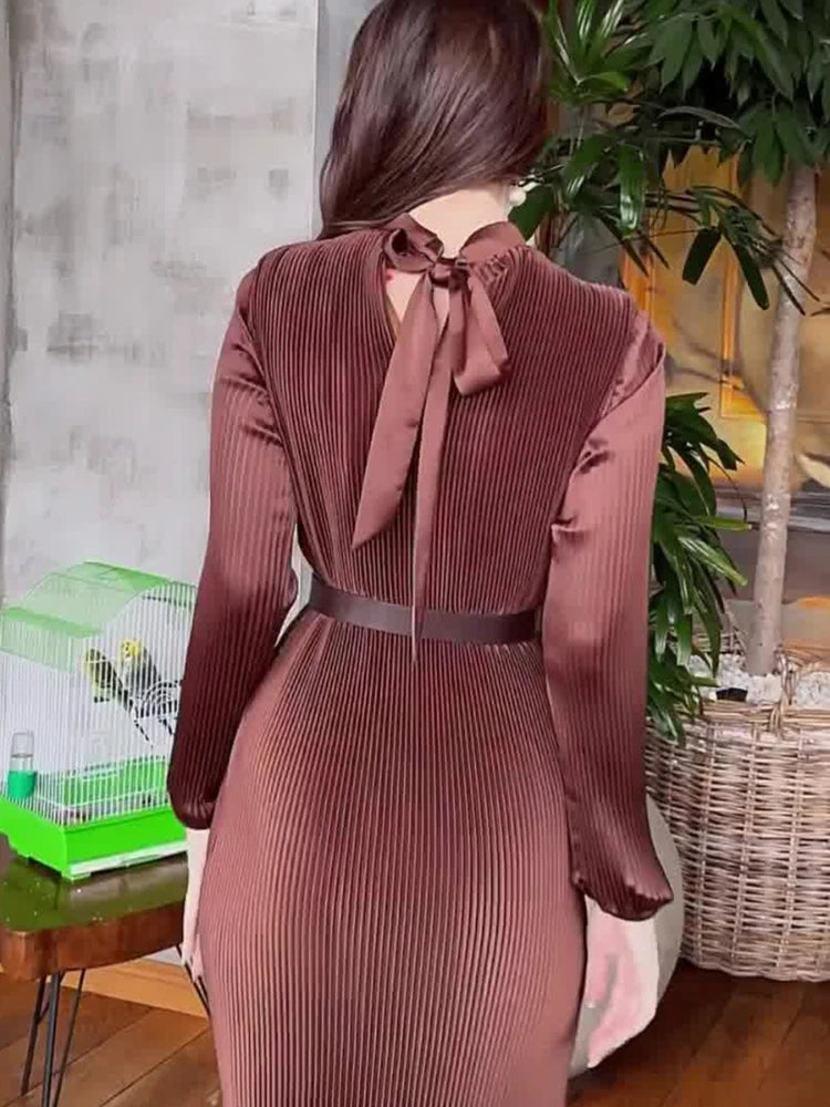 Satin Belted Dress in Cocoa Pleats