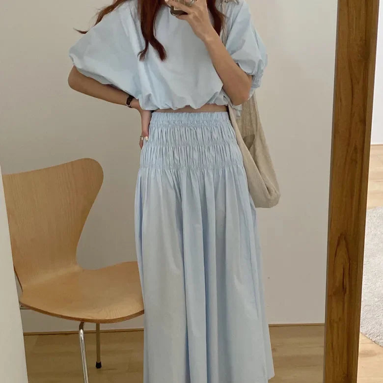 Romantic Two-Piece Puff-Sleeve Crop & Long A-Line Skirt Duo